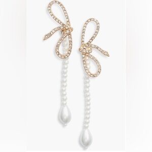 Open Edit-Crystal Bow Faux Pearl Drop Earrings-Gold/White-NWT